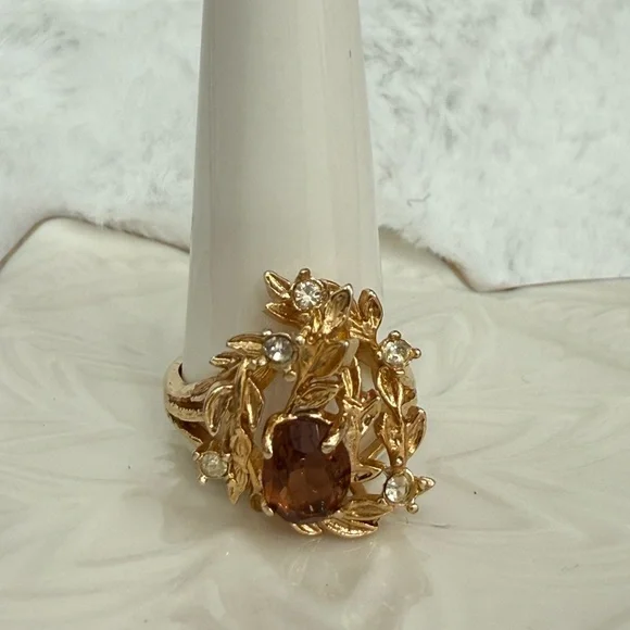 Vintage Floral Smoky Topaz Rhinestone Ring Gold Tone 18K HGE - Picture 5 of 15